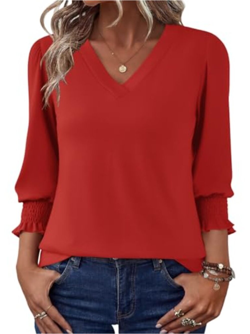 Rapbin Womens Puff Sleeve V-Neck Tunic Top 3/4 Sleeve Loose Fit Blouse